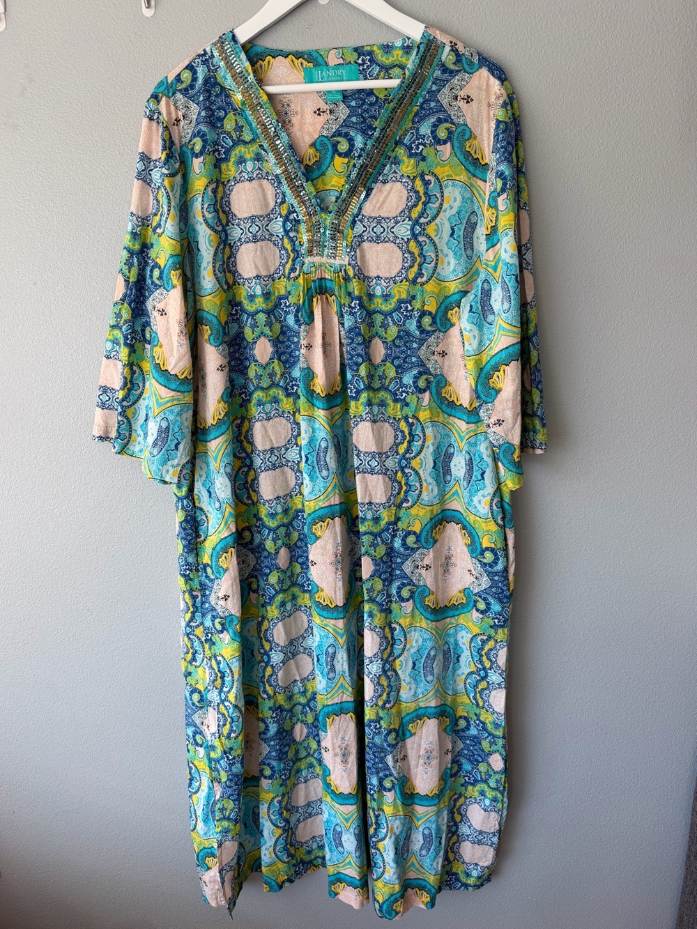 Kate Landry blue green patterned sequin 3/4 sleeve caftan maxi dress Women’s XL